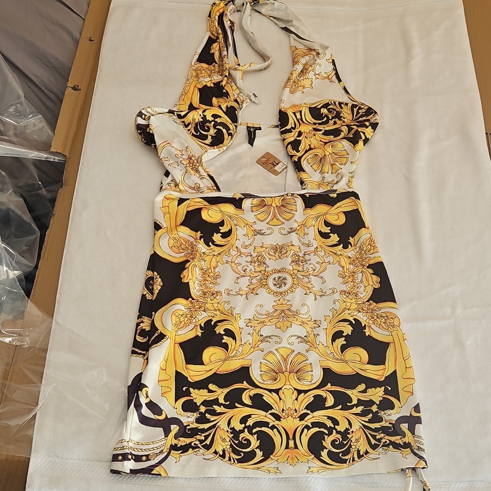 Secret Gold Black Baroque Print Halter Mini Dress Satin Polyester Sleeveless XL